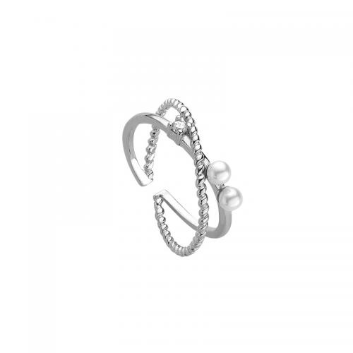Sterling Silver Finger Ring, 925 Sterling Silver, with Plastic Pearl, polished, for woman, platinum color 