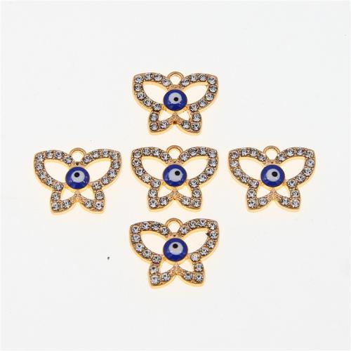 Zinc Alloy Evil Eye Pendant, Butterfly, KC gold color plated, fashion jewelry & DIY & enamel & with rhinestone & hollow, blue Approx 