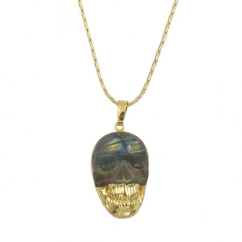 Brass Necklace, with Labradorite, with 2 inch extender chain, Skull, gold color plated, fashion jewelry & for woman Approx 18 Inch 