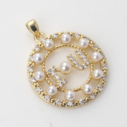 Cubic Zirconia Micro Pave Brass Pendant, with Plastic Pearl, Round, gold color plated, DIY & micro pave cubic zirconia 