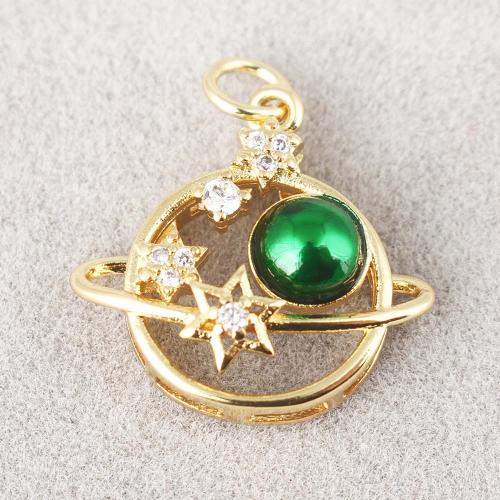 Cubic Zirconia Micro Pave Brass Pendant, with Resin, Round, gold color plated, DIY & micro pave cubic zirconia, green 