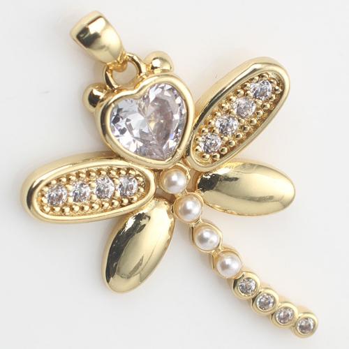 Cubic Zirconia Micro Pave Brass Pendant, with Plastic Pearl, Dragonfly, gold color plated, DIY & micro pave cubic zirconia 