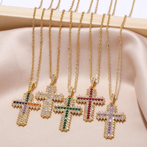 Cubic Zircon Micro Pave Brass Necklace, with 5cm extender chain, Cross, plated, fashion jewelry & micro pave cubic zirconia cm 