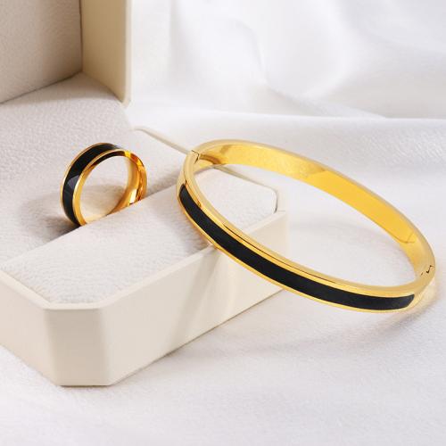 Enamel Stainless Steel Jewelry Sets, 304 Stainless Steel, bangle & finger ring, plated, for woman, golden 