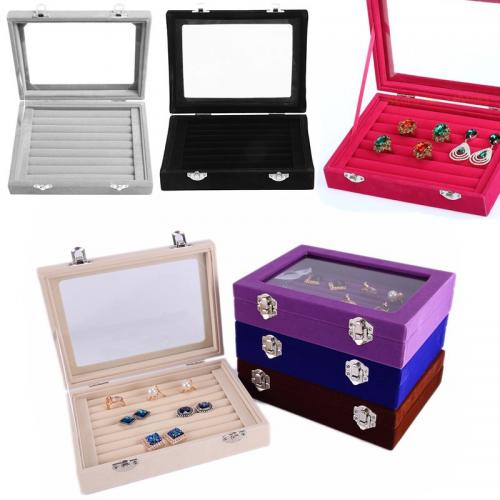 Velveteen Multifunctional Jewelry Box, with Composite Wood & Glass, Rectangle, dustproof & transparent 