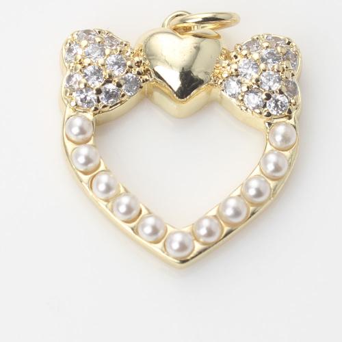 Cubic Zirconia Micro Pave Brass Pendant, with Plastic Pearl, Heart, gold color plated, DIY & micro pave cubic zirconia 