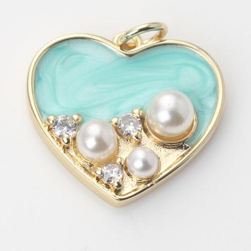 Cubic Zirconia Micro Pave Brass Pendant, with Plastic Pearl, Heart, gold color plated, DIY & micro pave cubic zirconia & enamel, light blue [