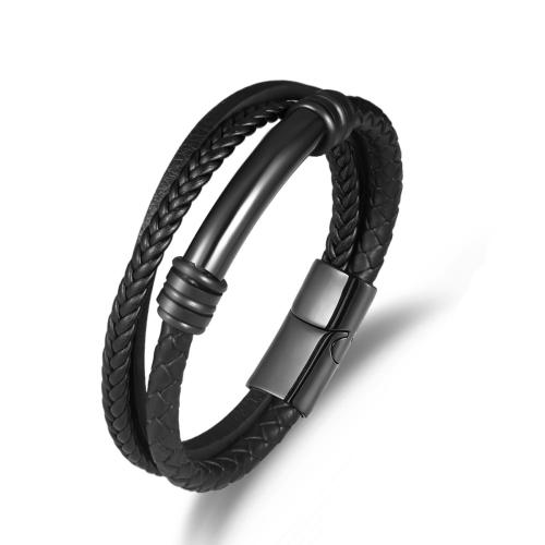 PU Leather Cord Bracelets, with Zinc Alloy, three layers & fashion jewelry & for man, black Approx 21 cm 