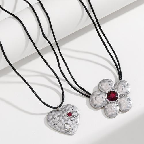 Rhinestone Zinc Alloy Necklace, with Glass Rhinestone & Waxed Cotton Cord, plated, fashion jewelry & for woman, silver color Approx 114 cm 