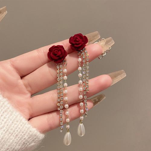 Zinc Alloy Tassel Earring, with Velour & Plastic Pearl, Flower, plated, for woman & with rhinestone 