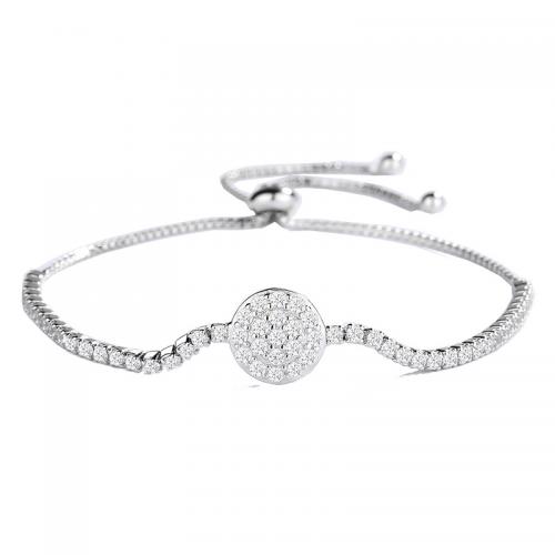 925 Sterling Silver Bracelet, Round, platinum plated, box chain & micro pave cubic zirconia & for woman Approx 9.8 Inch 