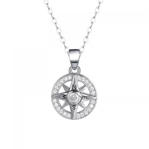 Cubic Zirconia Micro Pave Sterling Silver Pendant, 925 Sterling Silver, Compass, platinum plated & micro pave cubic zirconia & for woman & hollow 