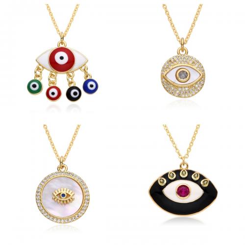 Evil Eye Jewelry Necklace, Brass, with Shell, gold color plated, fashion jewelry & micro pave cubic zirconia & for woman & enamel Approx 41-50 cm 