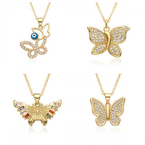 Cubic Zircon Micro Pave Brass Necklace, Butterfly, gold color plated, fashion jewelry & micro pave cubic zirconia & for woman & enamel & hollow Approx 41-50 cm 