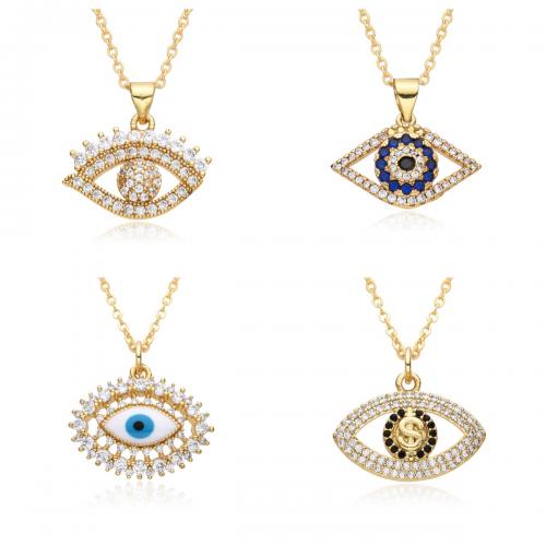 Evil Eye Jewelry Necklace, Brass, gold color plated, fashion jewelry & micro pave cubic zirconia & for woman & enamel & hollow Approx 41-50 cm [
