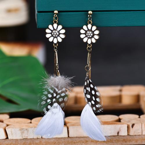 Fashion Feather Earring , Zinc Alloy, with Feather, plated, fashion jewelry & for woman & enamel & with rhinestone 88mm 