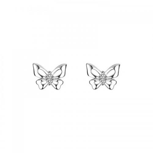 925 Sterling Silver Stud Earring, Butterfly, platinum plated, with plastic earnut & micro pave cubic zirconia & for woman 