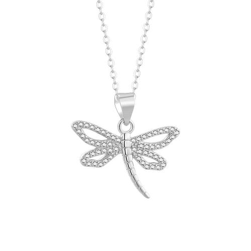 925 Sterling Silver Pendant, Dragonfly, platinum plated, micro pave cubic zirconia & for woman & hollow 