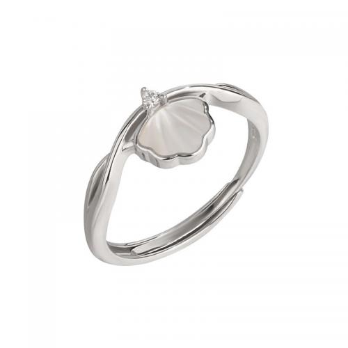 925 Sterling Silver Cuff Finger Ring, with White Shell, Shell, platinum plated, for woman & with cubic zirconia, US Ring [