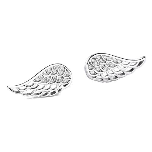 925 Sterling Silver Stud Earring, Angel Wing, platinum plated, micro pave cubic zirconia & for woman & hollow 