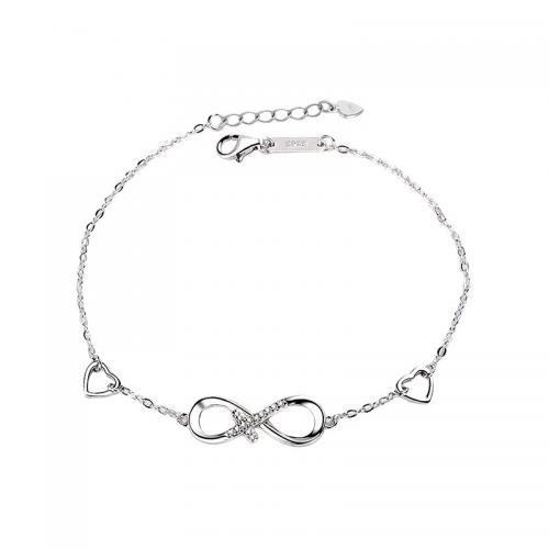 925 Sterling Silver Bracelet, with 1.6inch extender chain, Infinity, platinum plated, micro pave cubic zirconia & for woman & hollow Approx 7 Inch 