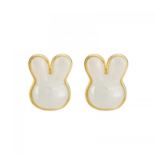925 Sterling Silver Stud Earring, with Hetian Jade, Rabbit, gold color plated, fashion jewelry & for woman, 10mm 