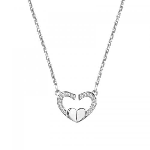 925 Sterling Silver Necklace, with 1.2inch extender chain, Heart, platinum plated, micro pave cubic zirconia & for woman & hollow Approx 16.5 Inch 