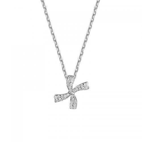 925 Sterling Silver Necklace, with 1.2inch extender chain, Bowknot, platinum plated, cross chain & micro pave cubic zirconia & for woman Approx 16.5 Inch 