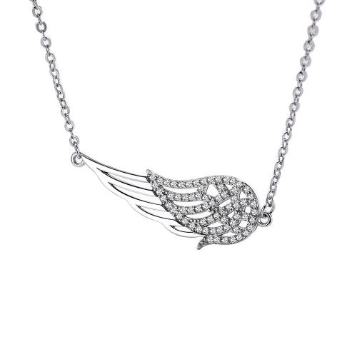 925 Sterling Silver Necklace, with 1.2inch extender chain, Angel Wing, platinum plated, micro pave cubic zirconia & for woman Approx 16.5 Inch 