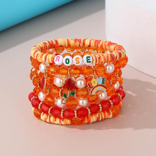 Polymer Clay Bracelets, Plastic, with Polymer Clay & 304 Stainless Steel, handmade, 7 pieces & fashion jewelry & for woman, orange 