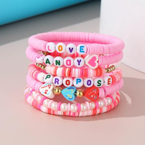 Polymer Clay Bracelets, Plastic, with Polymer Clay & 304 Stainless Steel, handmade, 7 pieces & fashion jewelry & for woman, pink 