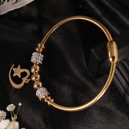 Stainless Steel  European Bracelets, 304 Stainless Steel, Moon and Star, Vacuum Ion Plating, fashion jewelry & for woman & with rhinestone Approx 17 cm 