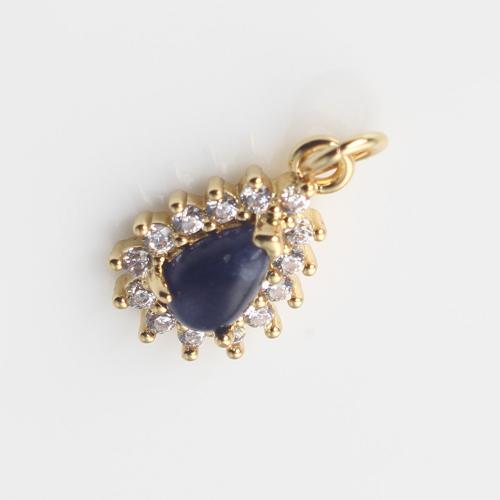 Cubic Zirconia Micro Pave Brass Pendant, with Gemstone Chips, Teardrop, gold color plated, DIY & micro pave cubic zirconia, blue 