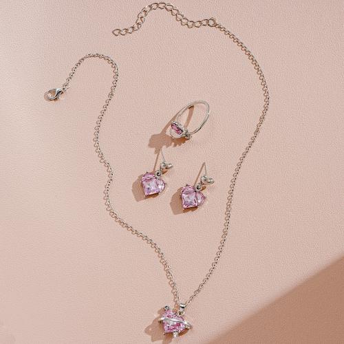 Crystal Jewelry Sets, Zinc Alloy, Stud Earring & finger ring & necklace, with Crystal, three pieces & fashion jewelry & for woman 