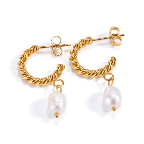 Freshwater Pearl Drop Earring, 316 Stainless Steel, with Freshwater Pearl, plated, for woman, golden 