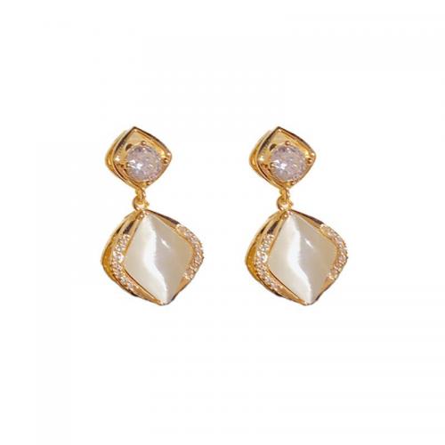 Brass Drop Earring, with Cats Eye, Rhombus, 14K gold plated, micro pave cubic zirconia & for woman 