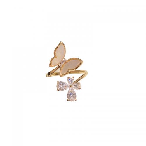 Латунь Манжеты палец кольцо, с Ракушка, бабочка, плакирован золотом, Женский & со стразами, размер:6-8, продается PC