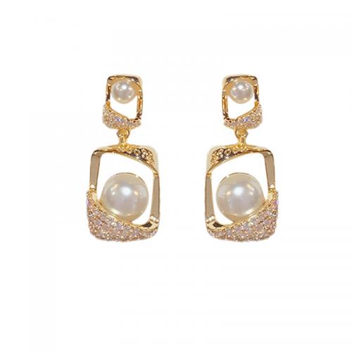 Brass Drop Earring, with Plastic Pearl, Geometrical Pattern, 14K gold plated, micro pave cubic zirconia & for woman & hollow 