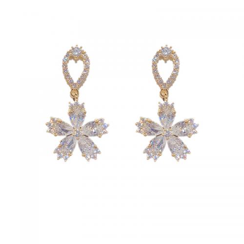 Brass Drop Earring, Flower, plated, micro pave cubic zirconia & for woman 