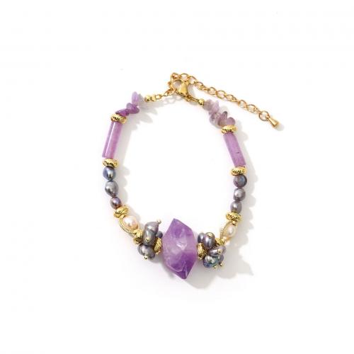 Cultured Freshwater Pearl Brass Bracelet, with Freshwater Pearl & Amethyst, with 5cm extender chain, real gold plated, fashion jewelry & for woman, mixed colors Approx 15 cm 