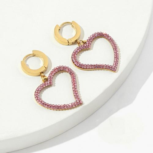 Titanium Steel Earrings, Heart, Vacuum Ion Plating, fashion jewelry & for woman & with rhinestone & hollow, pink 