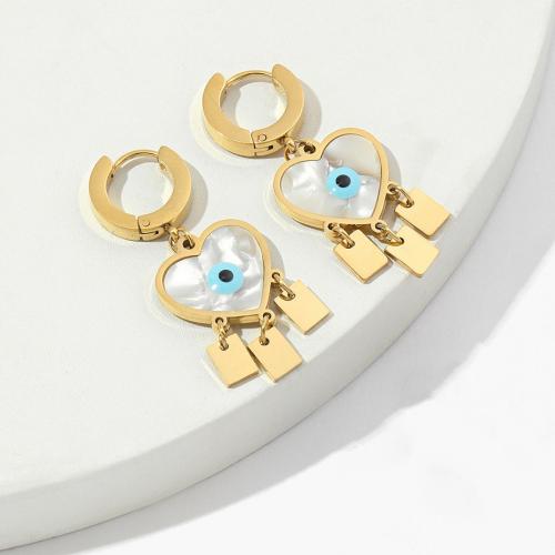 Evil Eye Earrings, Titanium Steel, with Acrylic, Heart, Vacuum Ion Plating, fashion jewelry & for woman & enamel, golden 