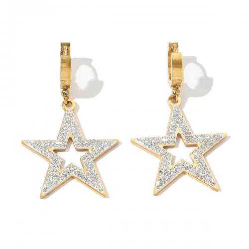 Titanium Steel Earrings, Star, Vacuum Ion Plating, fashion jewelry & for woman & with rhinestone & hollow, white 