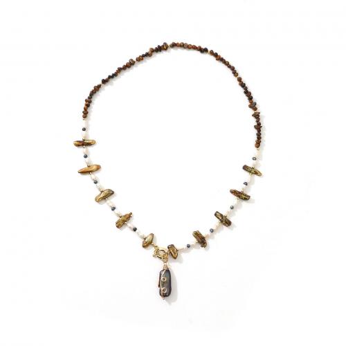 Brass Freshwater Pearl Jewelry Sets, with Tiger Eye & Freshwater Pearl, real gold plated, fashion jewelry & for woman 