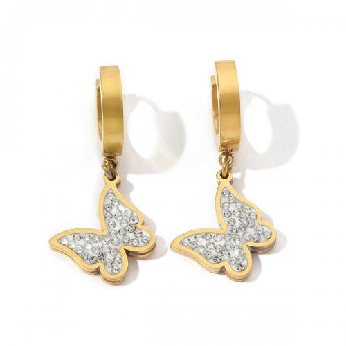Titanium Steel Earrings, Butterfly, Vacuum Ion Plating, fashion jewelry & for woman & with rhinestone, white 
