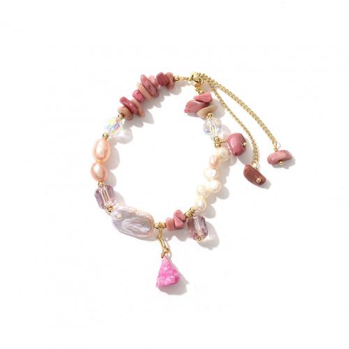 Cultured Freshwater Pearl Brass Bracelet, with Rhodonite & Freshwater Pearl, with 5cm extender chain, real gold plated, fashion jewelry & for woman, mixed colors Approx 15 cm 