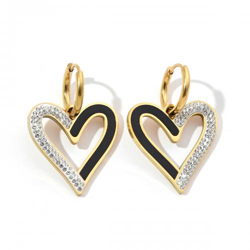 Titanium Steel Earrings, with Acrylic, Heart, Vacuum Ion Plating, fashion jewelry & for woman & with rhinestone & hollow 
