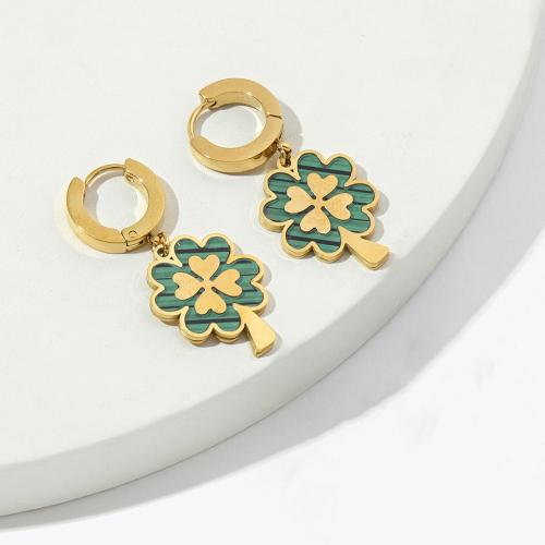 Titanium Steel Earrings, with Acrylic, Four Leaf Clover, Vacuum Ion Plating, fashion jewelry & for woman, green 
