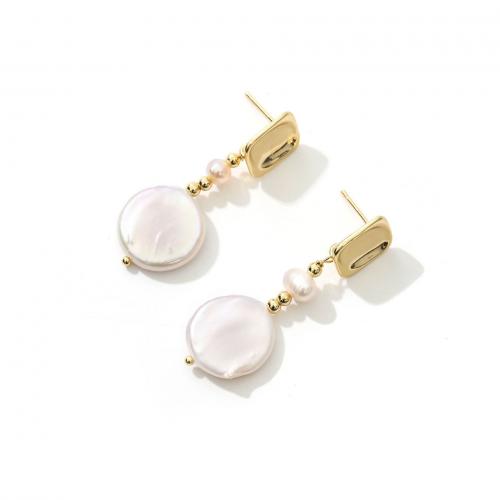 Freshwater Pearl Brass Earring, with Freshwater Pearl, real gold plated, fashion jewelry & for woman, white 