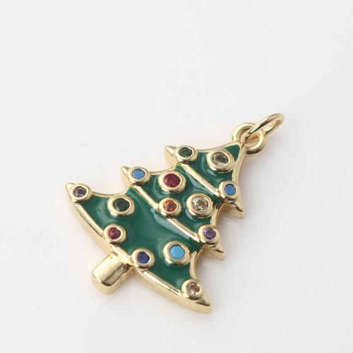 Cubic Zirconia Micro Pave Brass Pendant, Christmas Tree, gold color plated, DIY & micro pave cubic zirconia & enamel, green 